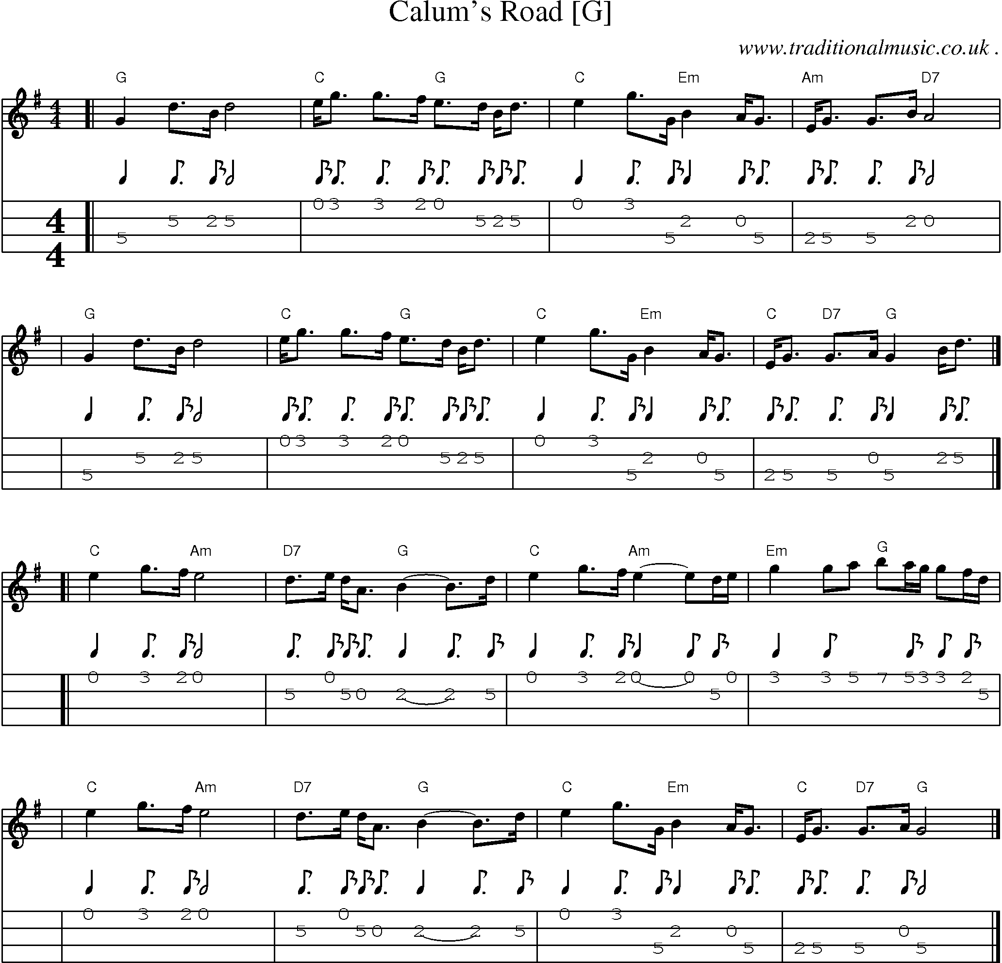 Sheet-music  score, Chords and Mandolin Tabs for Calums Road [g]